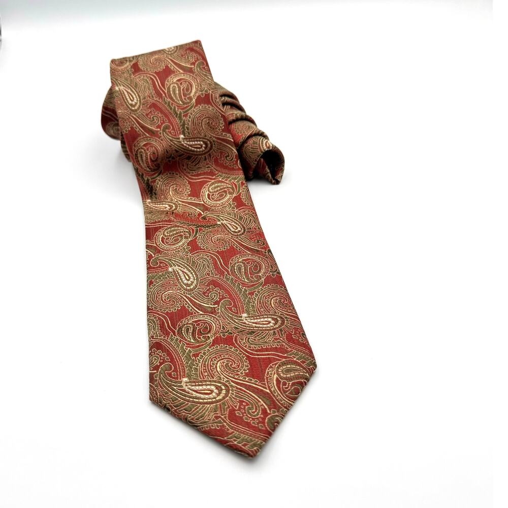 Vintage Peacock Mens Tie Red Gold Green Paisley 100% Silk Handmade Necktie